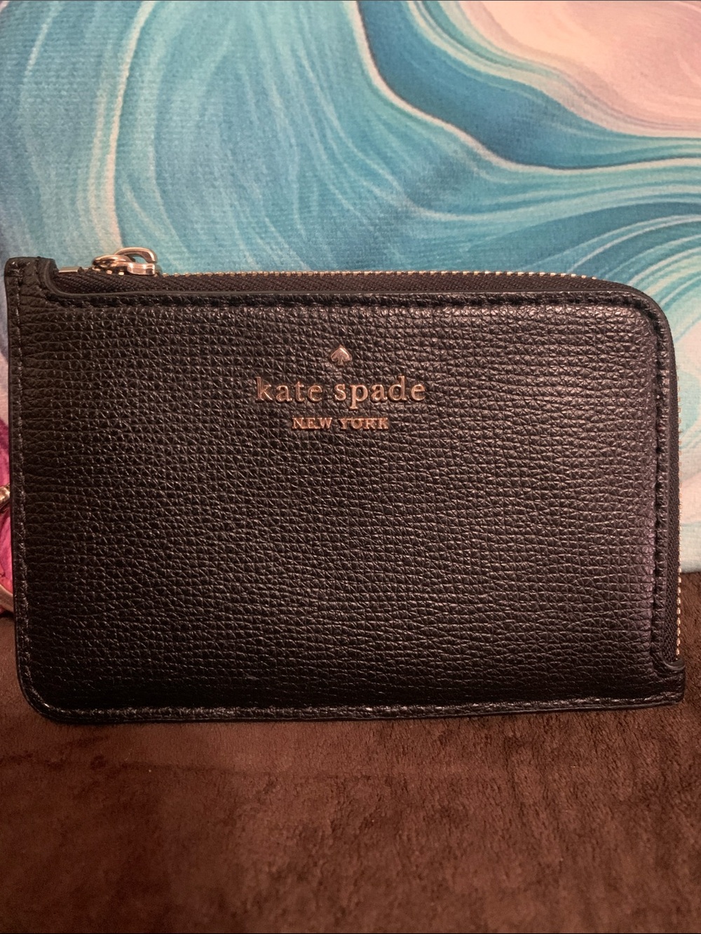 EUC kate spade Black Leather Zip Card Holder with Gold Logo